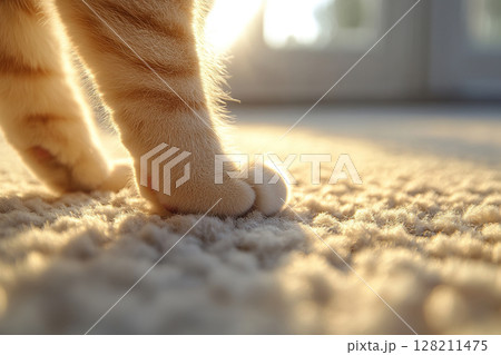 Cute cat paws close-up on carpet in sunlight. Domestic cat standing on carpet in living room. Pet paw health. Generated by artificial intelligence 128211475