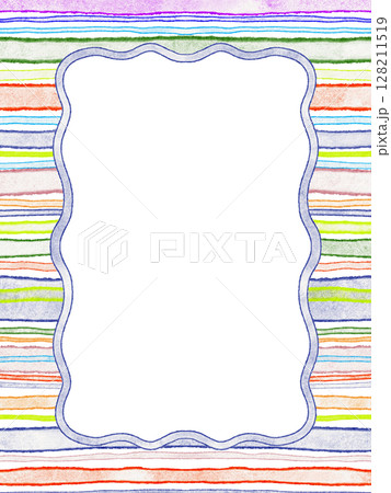 Hand-drawn wavy frame on a bright striped background. Geometric layout with squiggly border for creative design, advertising, or text. Abstract template for print or digital projects. 128211519