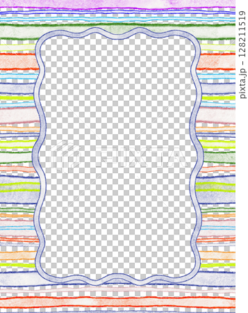 Hand-drawn wavy frame on a bright striped background. Geometric layout with squiggly border for creative design, advertising, or text. Abstract template for print or digital projects. 128211519