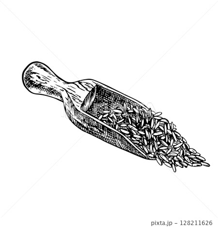 A wooden spatula filled with rice, wheat, oats, or rye. A black and white vector illustration. Design element for menus, recipes, and cookbooks, for banners, flyers, packaging, labels, and more. 128211626