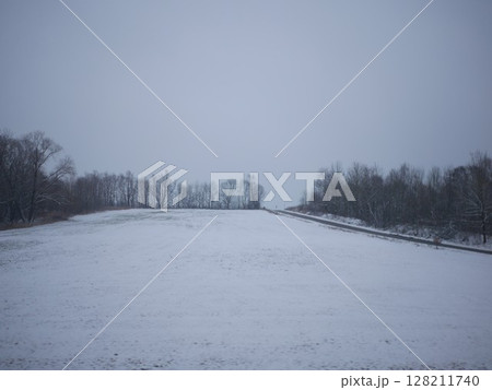 Snowy field with trees in the background Snowy field with trees in the background 128211740