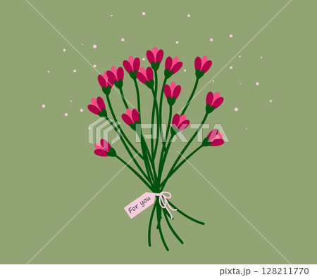 Bouquet of simple flowers in trendy pink color on green background. Vector floral spring illustration. Congratulatory bouquet 128211770