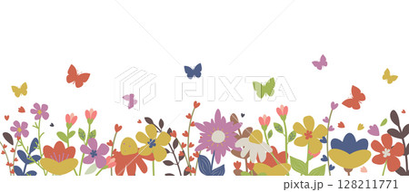 Horizontal white banner or background decorated with colorful blooming flowers and butterflies. Spring botanical flat vector illustration isolated on white background with copy space. 128211771