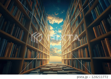 Library in the sky. The road to heaven is surrounded by tall shelves full of books. Concept of gaining knowledge. 128211772