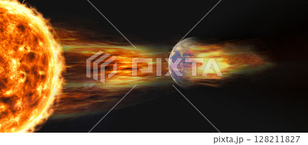 A dramatic visualization of the Sun emitting solar wind toward Earth. The glowing plasma stream collides with the planet magnetic shield, set against a dark star-filled cosmos. 128211827