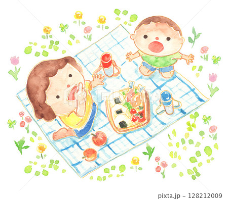 レジャーシートに座ってお弁当を楽しむ子供の水彩イラスト – ピクニック風景 レジャーシートに座ってお弁当を楽しむ子供の水彩イラスト – ピクニック風景 128212009