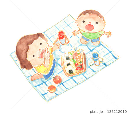 レジャーシートに座ってお弁当を楽しむ子供の水彩イラスト – ピクニック風景 128212010