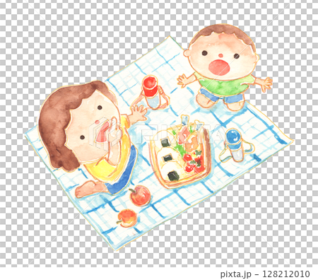 レジャーシートに座ってお弁当を楽しむ子供の水彩イラスト – ピクニック風景 128212010