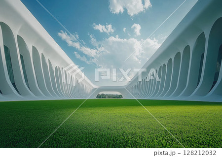 Modern sports stadium with white columns and lush green lawn on a sunny clear day. Stadium architecture. Modern sports stadium with white columns and lush green lawn on a sunny clear day. Stadium architecture. 128212032