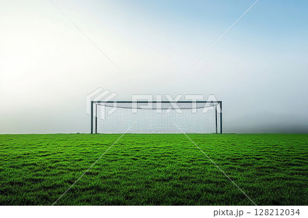 Football field, football goal,Football goals on green grass in a field on a very foggy morning. deflated ball and cloudy sky. Generated by artificial intelligence 128212034