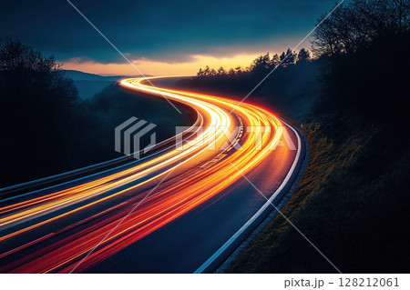 Bright light stripes on the highway outside the city at night. Generated by artificial intelligence. 128212061