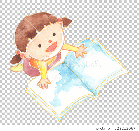 Watercolor illustration of a girl looking at a picture book 128212067