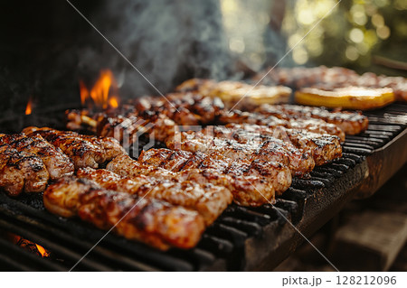 BBQ, grilling meat. Delicious cuts of meat are grilled in the backyard. 128212096