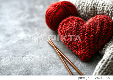 A knitted red heart with knitting needles and a ball of red thread lies on a concrete surface. Knitting. Valentine's Day. A DIY gift. A knitted red heart with knitting needles and a ball of red thread lies on a concrete surface. Knitting. Valentine's Day. A DIY gift. 128212099