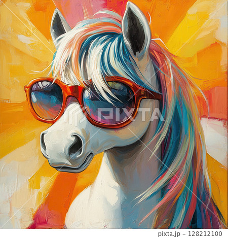 Children's toy pony with a colored mane and tail and sunglasses. Generated by artificial intelligence 128212100