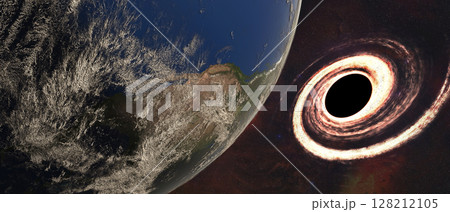 Planet Earth floats in the foreground, rich with atmospheric detail, while a radiant black hole looms nearby. 128212105