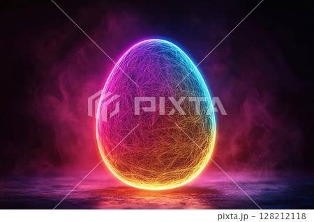A neon glowing egg surrounded by light smoke. Easter egg installation. Generated by artificial intelligence 128212118