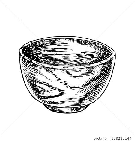Empty wooden bowl. Black and white illustration, vector graphics. Design element for menus, recipes, and cookbooks. For banners, flyers, packaging, labels, and more. 128212144