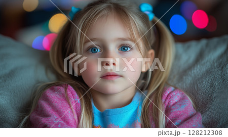 Little girl with blue eyes and blonde pigtails looking at camera against blurred bokeh lights, childhood innocence portrait for family concept 128212308