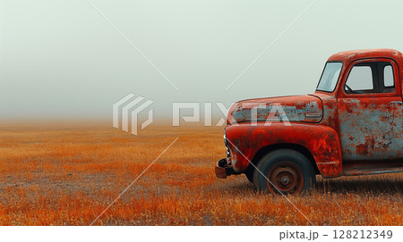 Vintage pickup truck abandoned in golden wheat field with foggy rural landscape, rustic transportation concept in countryside setting 128212349