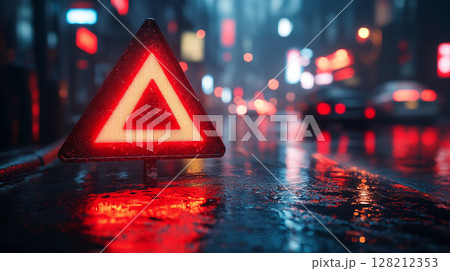 Warning triangle on wet city road at night, emergency roadside safety concept with blurred traffic lights reflecting on asphalt 128212353