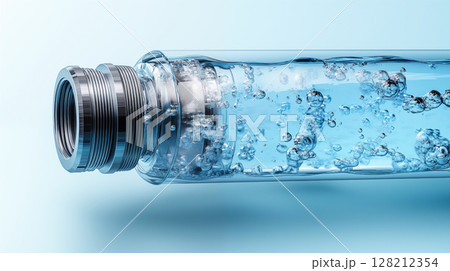 Water bottle connector with bubbles flowing through transparent pipe, clean water filtration system concept for environmental sustainability 128212354