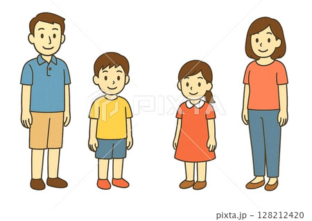 笑顔で並ぶ家族のイラスト・父母と子ども二人の幸せな家族構成 笑顔で並ぶ家族のイラスト・父母と子ども二人の幸せな家族構成 128212420