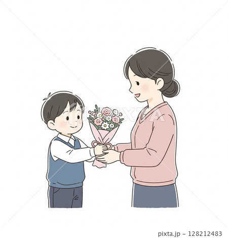 花束を渡す男の子と喜ぶお母さんのイラスト 128212483