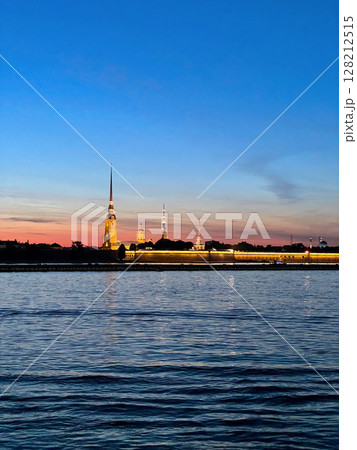 Peter and Paul Fortress in Saint Petersburg, Russia. Beautiful view of the landmark during white nights. Vertical photography. 128212515