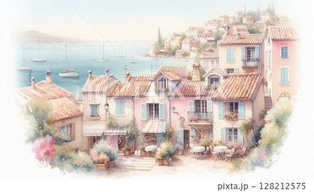 Pastel coastal village watercolor in soft tones, charming Mediterranean homes in summer light and tranquil setting 128212575