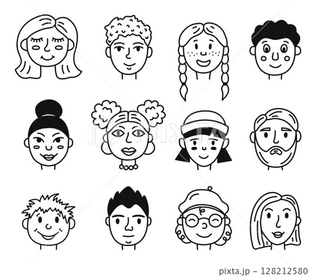 Set of different people avatars for social media. Hand drawn face portraits. Doodle sketch style. Isolated vector illustration. 128212580