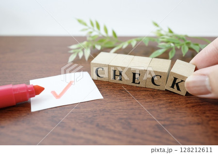赤いチェックマークとCHECKの文字ブロックのイメージ 赤いチェックマークとCHECKの文字ブロックのイメージ 128212611