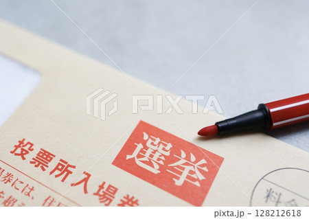 国政選挙の投票所入場券が入った郵送封筒 128212618