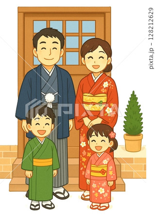 着物姿の家族が玄関先で笑顔を見せる晴れの日のイラスト 128212629