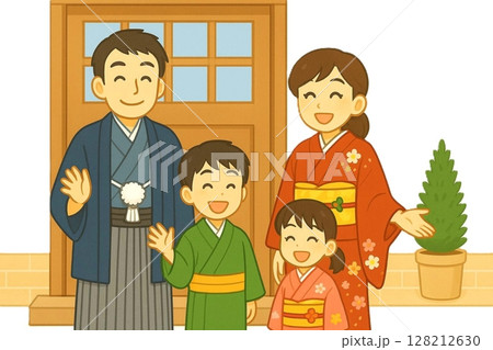 着物姿の家族が玄関先で手を振る晴れやかな新年のイラスト 128212630