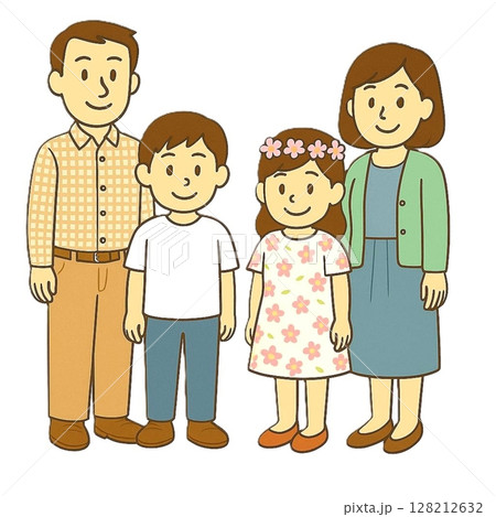 花柄のワンピースを着た女の子と私服の家族が並ぶ春らしいイラスト 128212632