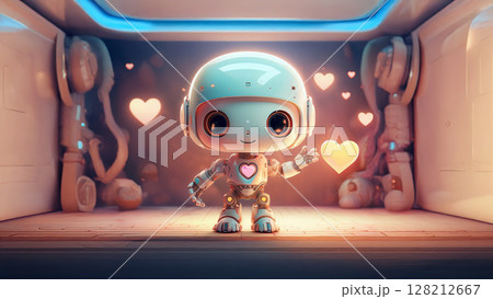 ハートを差し出すキュートなロボットと近未来の部屋 128212667
