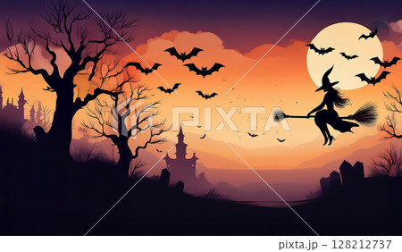 ハロウィンの夕暮れ空を飛ぶ魔女とコウモリ 128212737