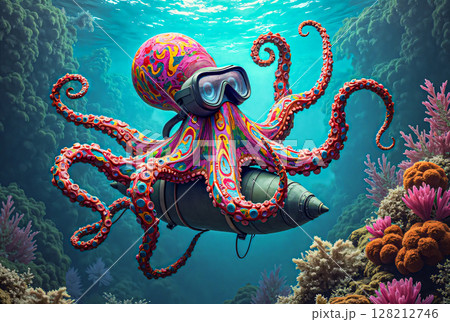 Fighting octopus in a diving mask. A colorful cartoon octopus transports a volumetric detonating munition. Fighting octopus in a diving mask. A colorful cartoon octopus transports a volumetric detonating munition. 128212746