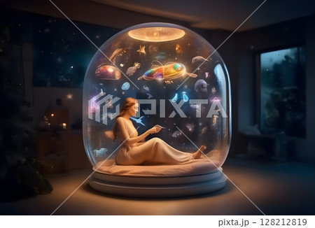 宇宙の夢を見ている少女とそばの動物 128212819