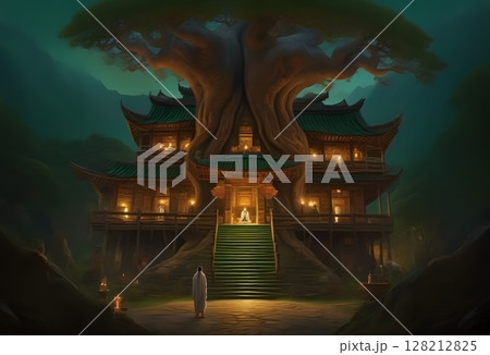 神聖な大樹のもとに佇む寺院 128212825
