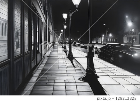 鋭い影が伸びる夜の歩道 128212828