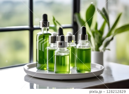 陽光に照らされるナチュラルグリーンの美容液ボトル 陽光に照らされるナチュラルグリーンの美容液ボトル 128212829