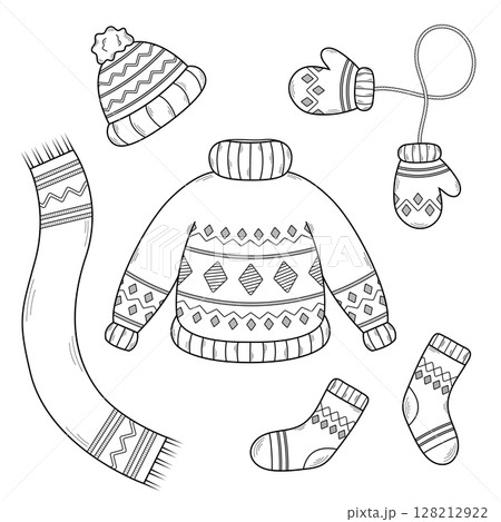 Set of cozy winter clothes. Hand-drawn icons in doodle sketch style. Vector illustration isolated on white background. 128212922