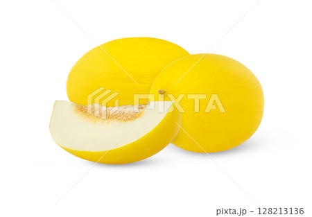 Fresh yellow honeydew melon and a slice isolated. Fresh yellow honeydew melon and a slice isolated. 128213136
