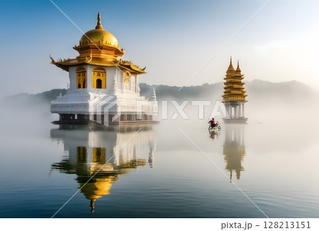 霧の湖に浮かぶ金色の寺院 128213151