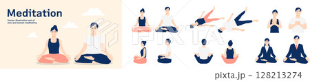 瞑想する男女のイラストセット(あぐら、シャバーサナ、深呼吸） 128213274