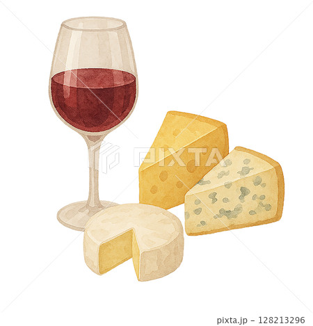 ワインとチーズの油彩画 水彩風ワインとチーズのアソートイラストのイラスト素材 [128213296