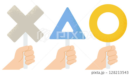 ○×△プレートを持つ手のイラスト素材｜選択・意思表示・判断 ベクターデザイン 128213543