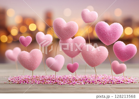 Dreamy Heart Shapes Among Clouds in a Romantic Atmosphere with Soft Colors and Bokeh Lights 128213568